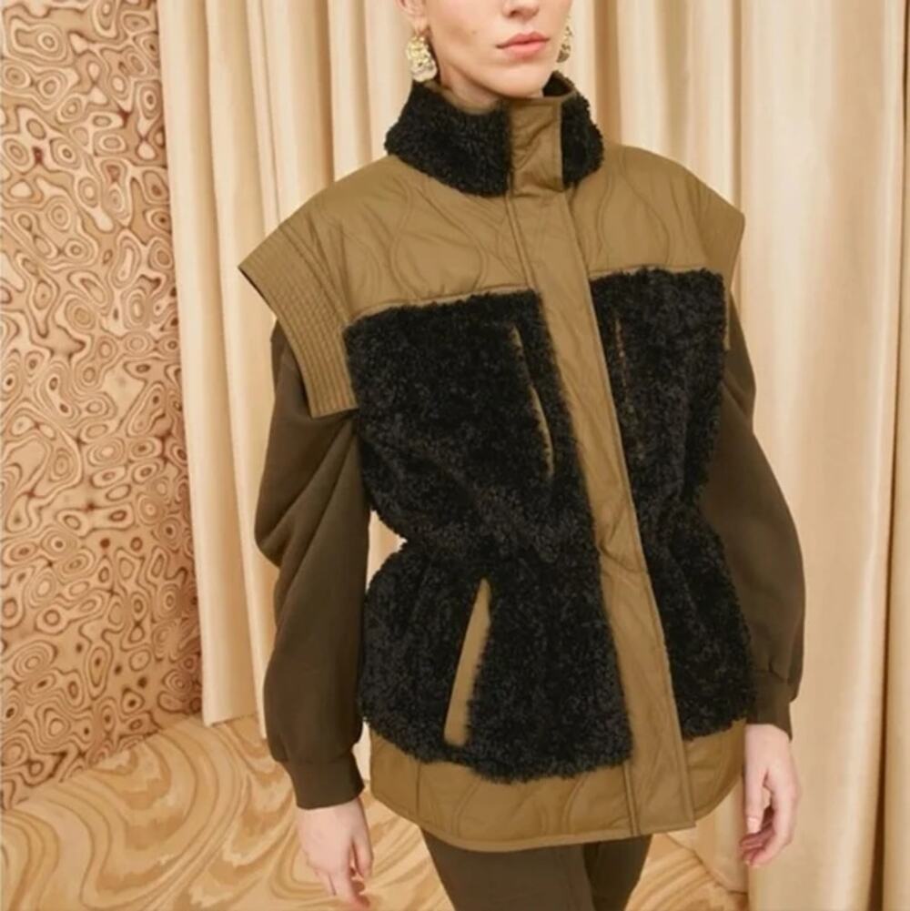 Ulla Johnson Shiloh Quilted Vest Sherpa Panel High Neck Olive Size Small